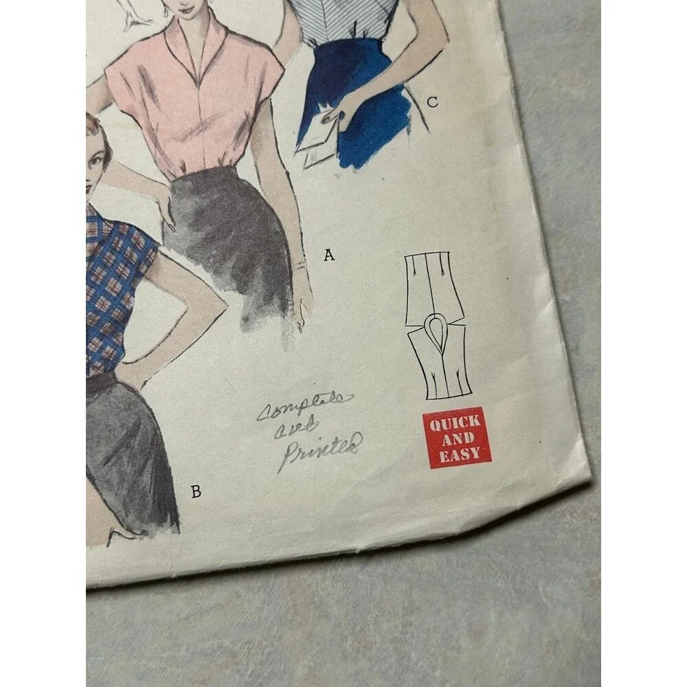 Vintage 1950's Butterick Quick Easy Pattern #5580 Womens Blouses Size 16 Bust 34